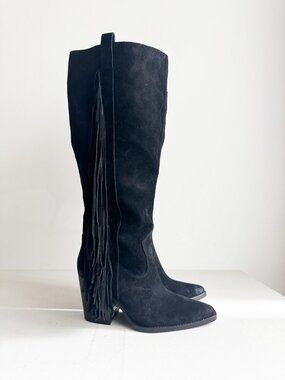 Vince Camuto Pelia 4 Black Suede Western Fringe Detail Knee High Boots 7 Wide